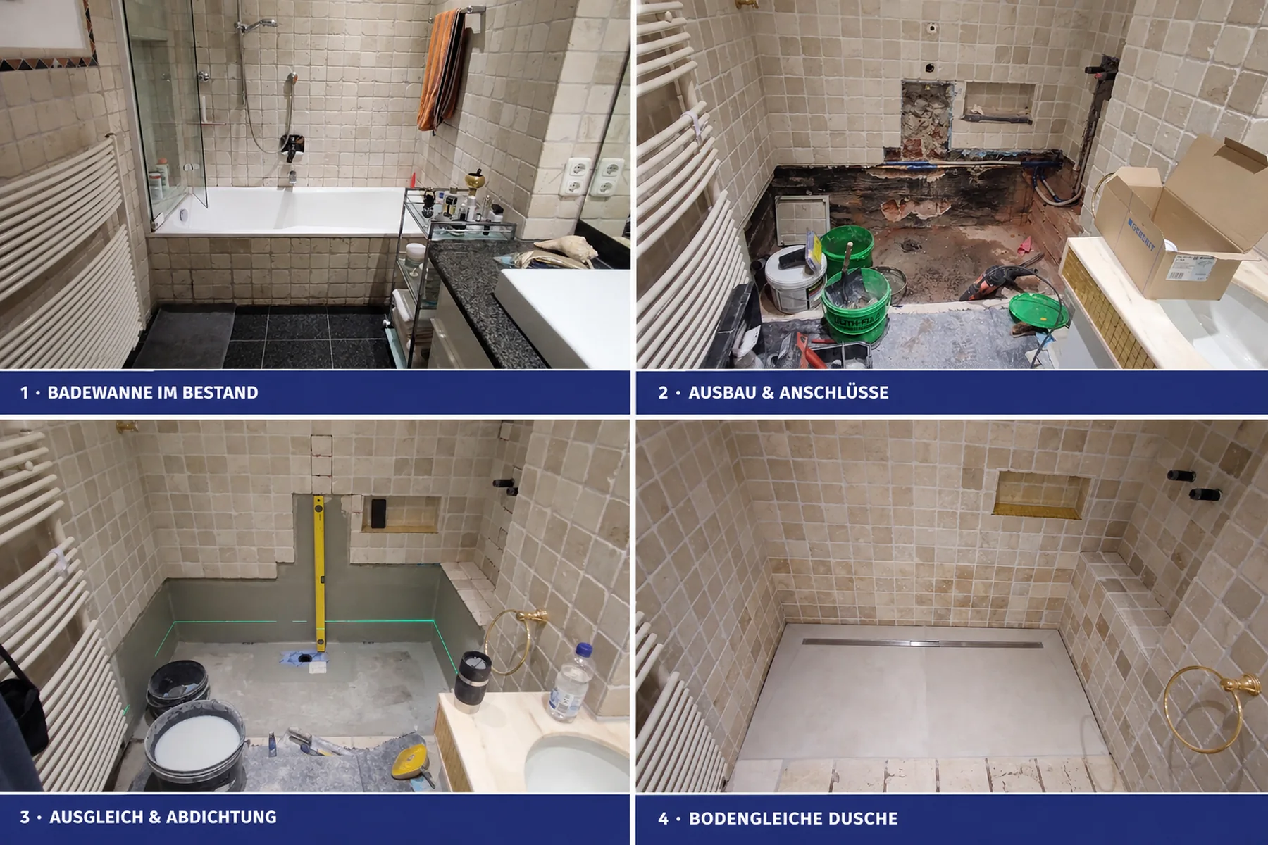 Umbau einer Badewanne zur bodengleichen Dusche in vier Arbeitsschritten