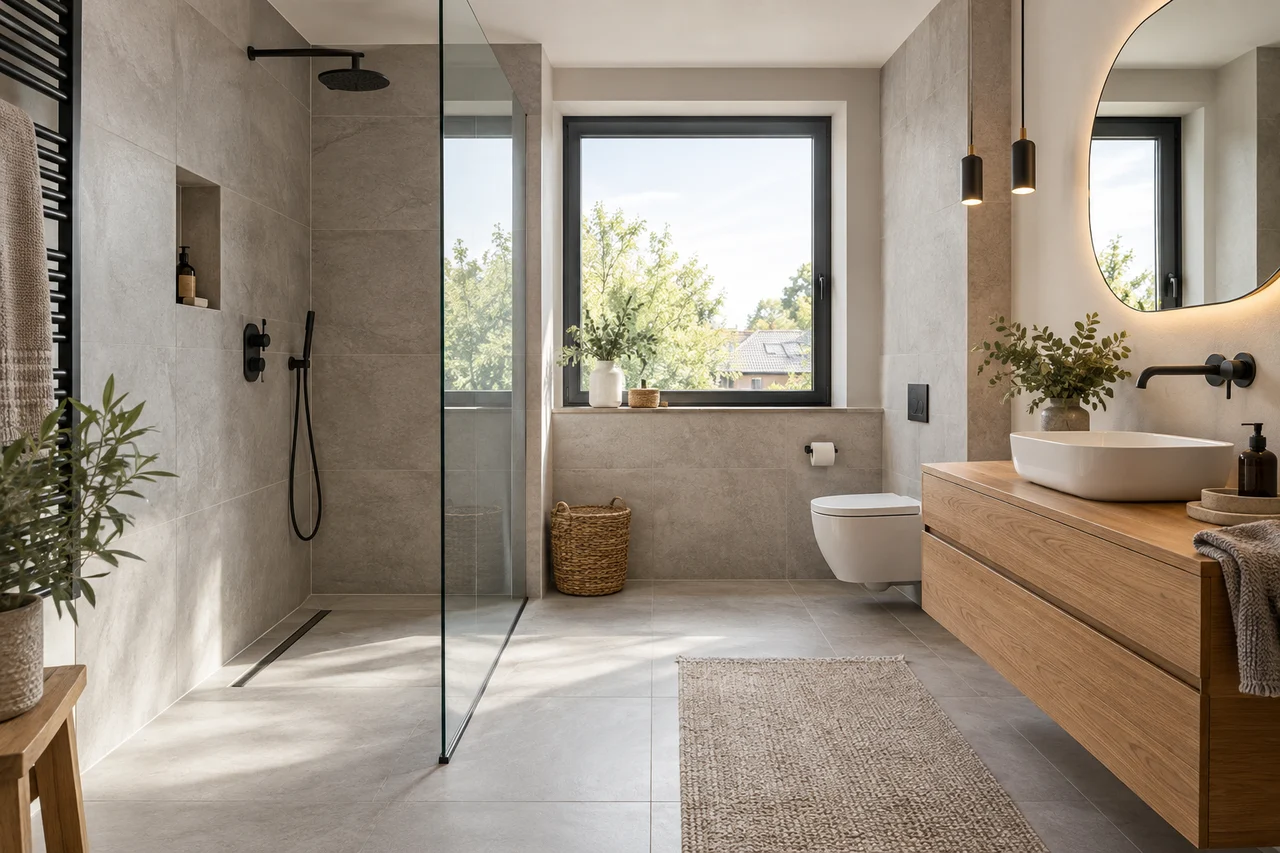 Gestaltungsbeispiel eines modernen Bades mit bodengleicher Dusche – KI-generiert