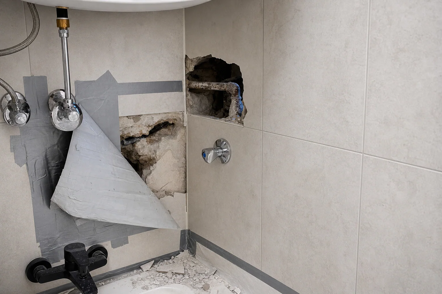 Geöffnete Fliesenfläche an einer Badewanne vor der Reparatur in Hannover