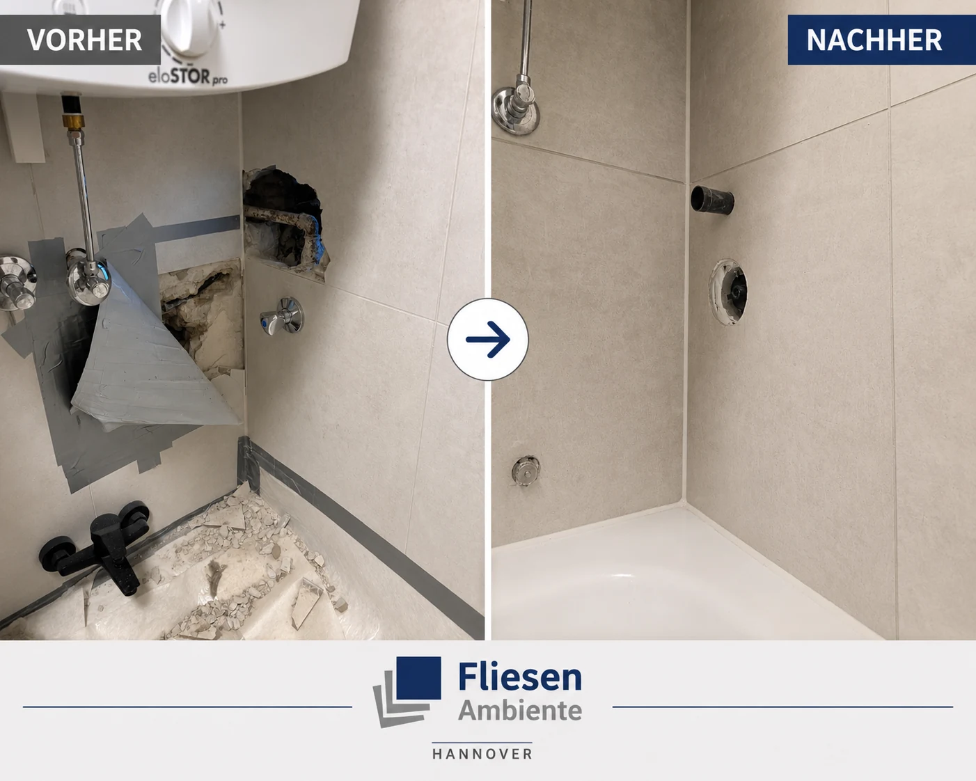 Geöffnete Fliesenfläche an einer Badewanne vor und nach der fachgerechten Fliesenreparatur