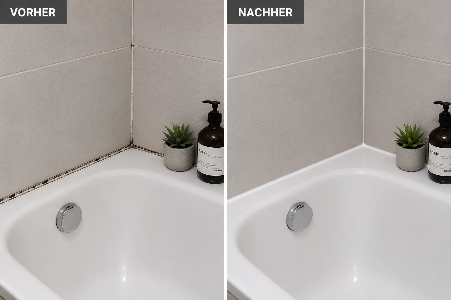 Erneuerung einer Silikonfuge an einer Badewanne im Vorher-Nachher-Vergleich